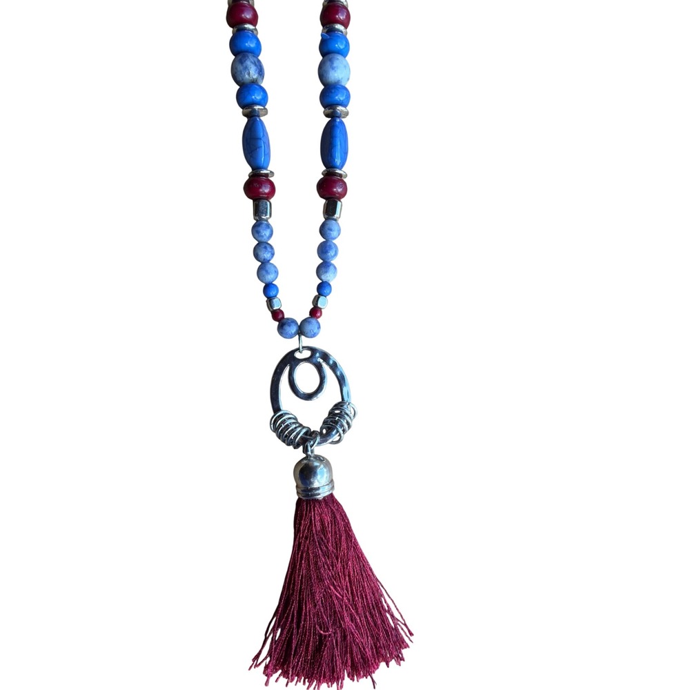 1946 Boho Beaded Tassel Necklace Blue Red Silver Tone Long Statement Fringe